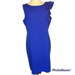 Calvin Klein sleeveless, ruffled sleeve, zip Back, fully lined midi dress.